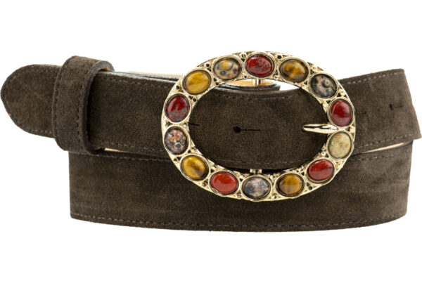 30mm Brown Suede Belt/Gold Oval Gemstone Buckle