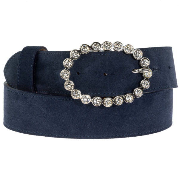 40mm Navy Italian Suede Belt With 40mm White Oval Diamante buckle