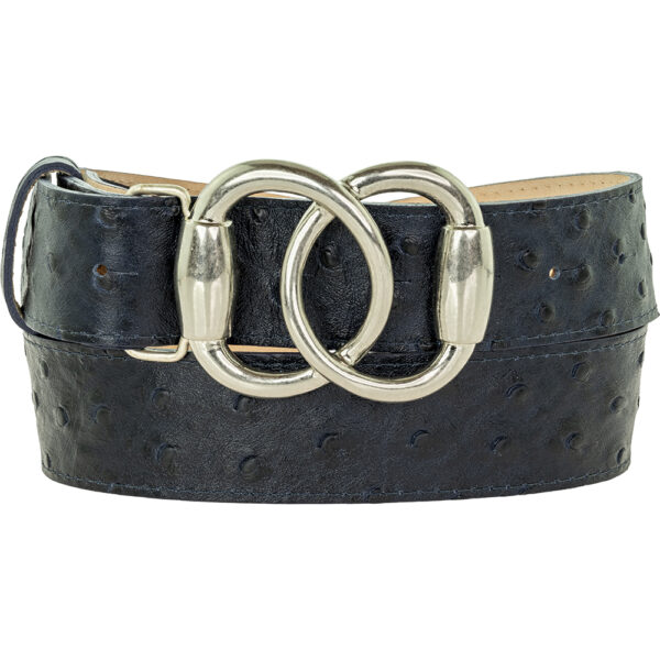 40mm Ladies Navy Ostrich Print Leather Belt With Detachable Silver Bit Buckle